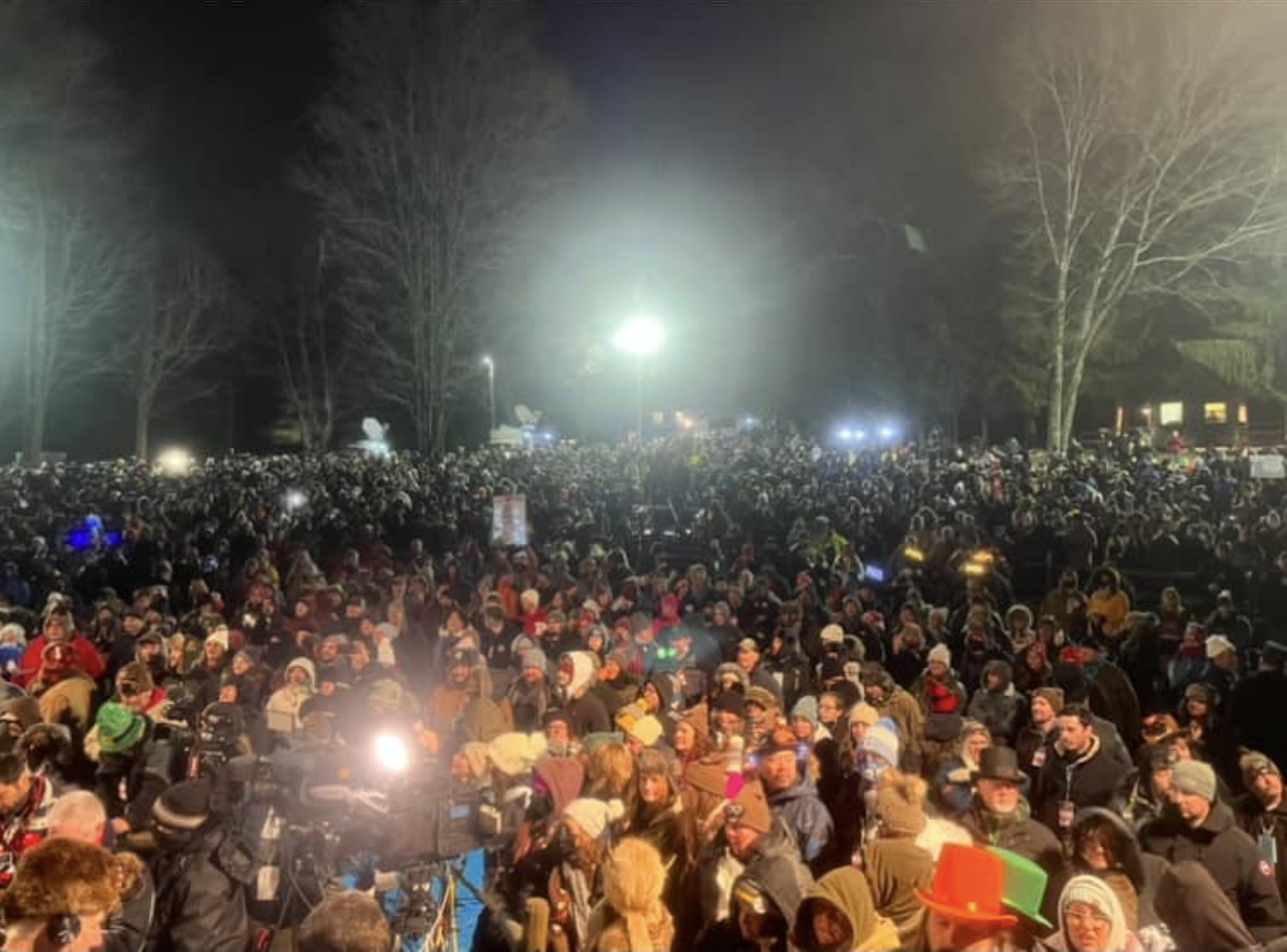 Crowd gathered in the dimly lit morning for Groundhog Day in Punxsutawney (In the Jefferson County)